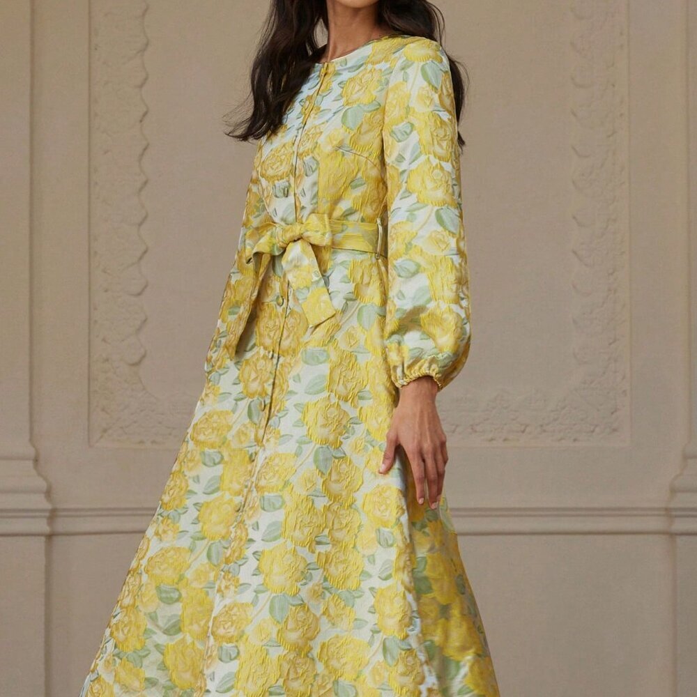 Yellow Elegant Women's Textured Belted Round Neck Dress